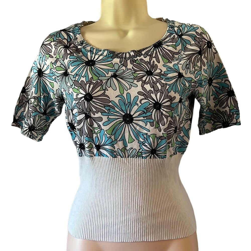 I.e. Petite Ivory Floral Print Silk Blend Sweater Beaded Size PSmall Y2K